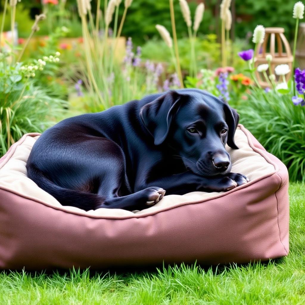 Black labrador napping on a raised canvas bed in an Irish garden
