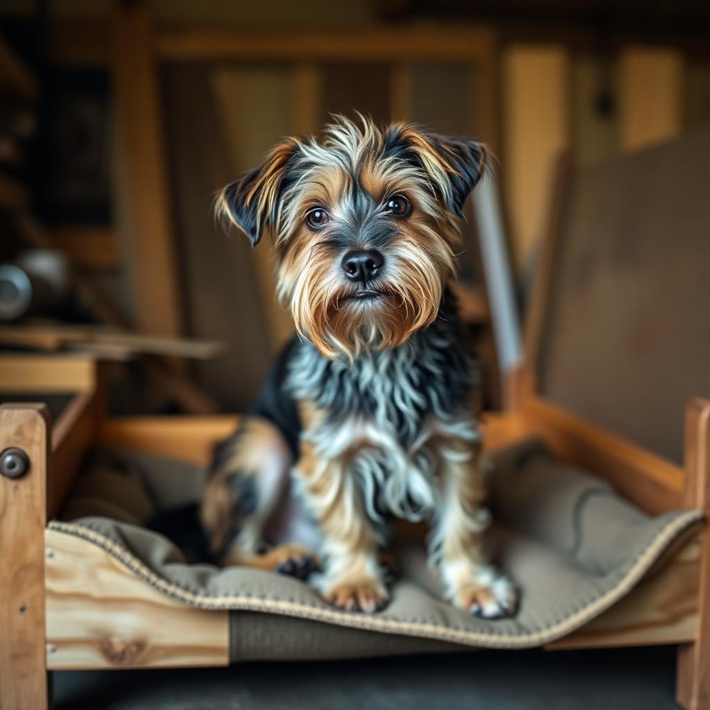 Terrier sitting on a handmade dog bed in the workshop