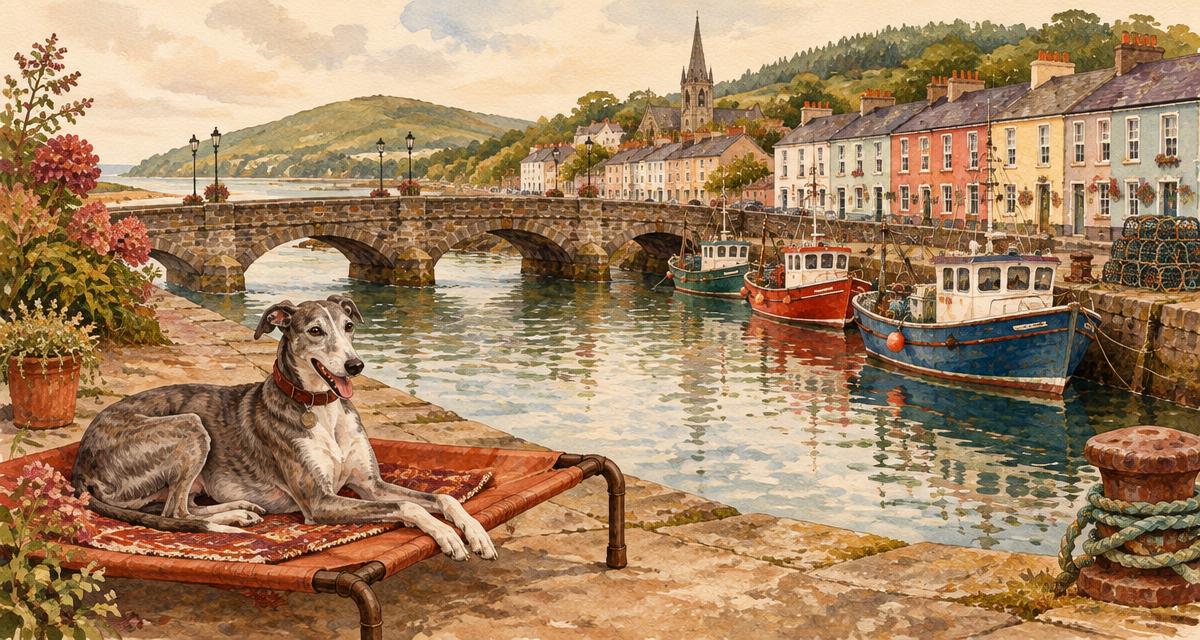 Painted illustration of Arklow bridge and fishing boats on the Avoca, with a greyhound resting on a terracotta KosieCare raised dog bed