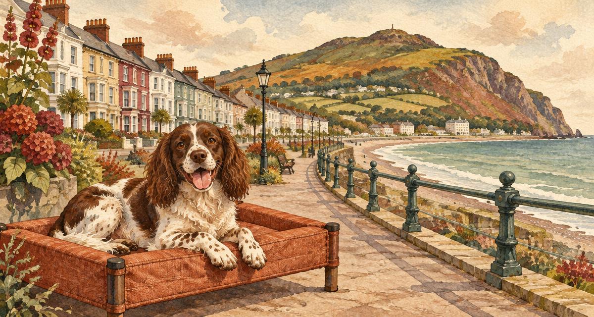 Painted illustration of Bray promenade with Bray Head behind it, and a springer spaniel lying on a terracotta KosieCare raised dog bed