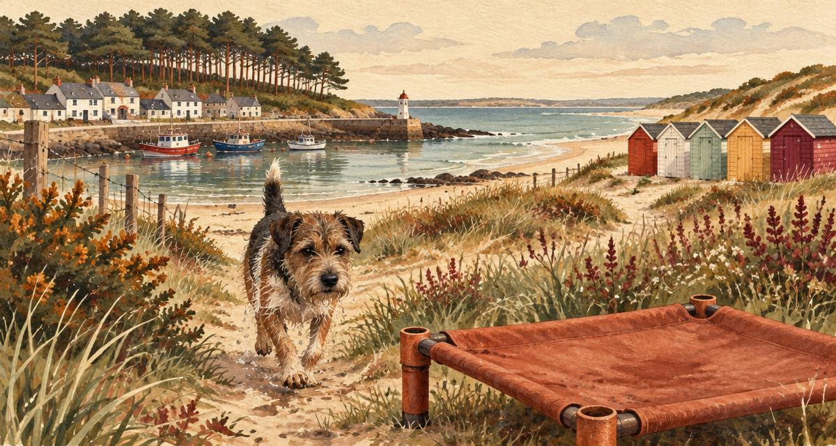 Painted illustration of Courtown harbour, pine woods and beach huts, with a soggy terrier trotting toward a terracotta KosieCare raised dog bed