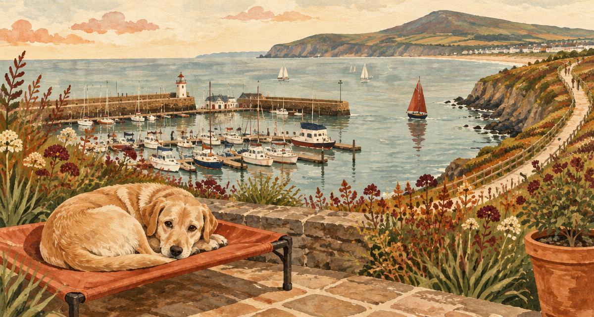 Painted illustration of Greystones harbour and marina with the cliff walk behind, and a labrador asleep on a terracotta KosieCare raised dog bed