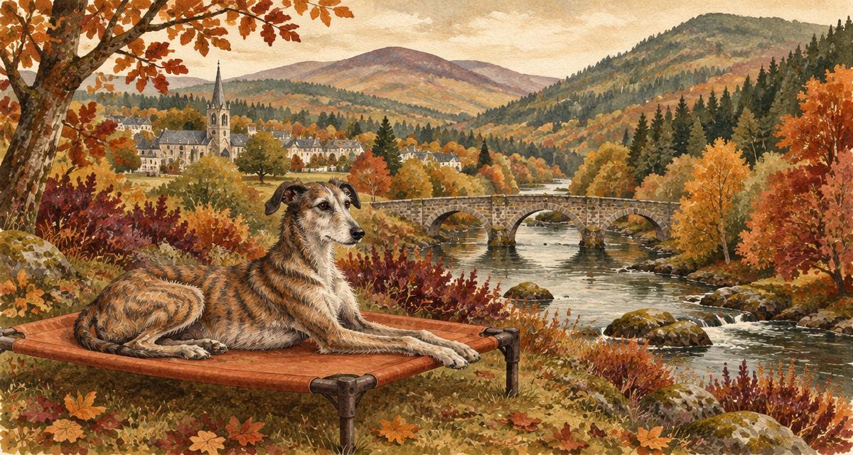 Painted illustration of Rathdrum and the wooded Vale of Avoca with its stone bridge, and a lurcher resting on a terracotta KosieCare raised dog bed
