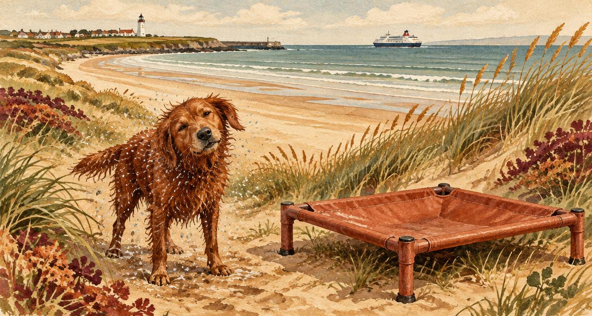 Painted illustration of Rosslare strand with a ferry on the horizon and a wet retriever shaking off beside a terracotta KosieCare raised dog bed