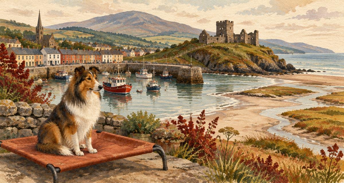 Painted illustration of Wicklow Town harbour and the Black Castle headland, with a collie sitting on a terracotta KosieCare raised dog bed